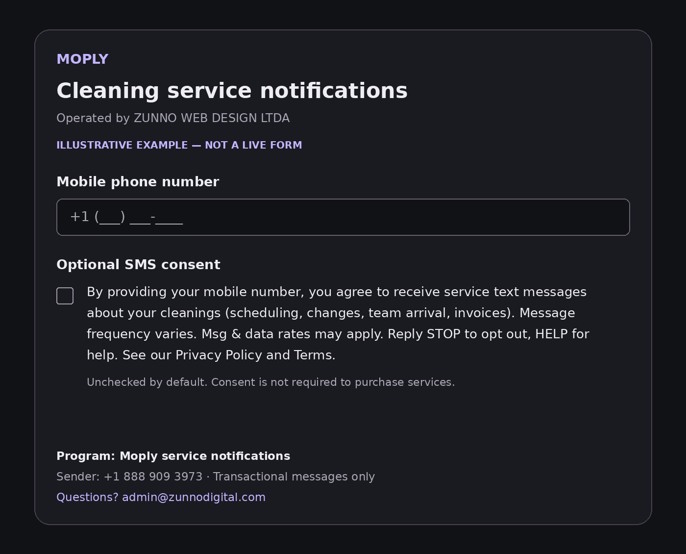 Illustrative Moply form with a mobile phone field and an unchecked optional SMS consent checkbox. The complete consent text is displayed above.